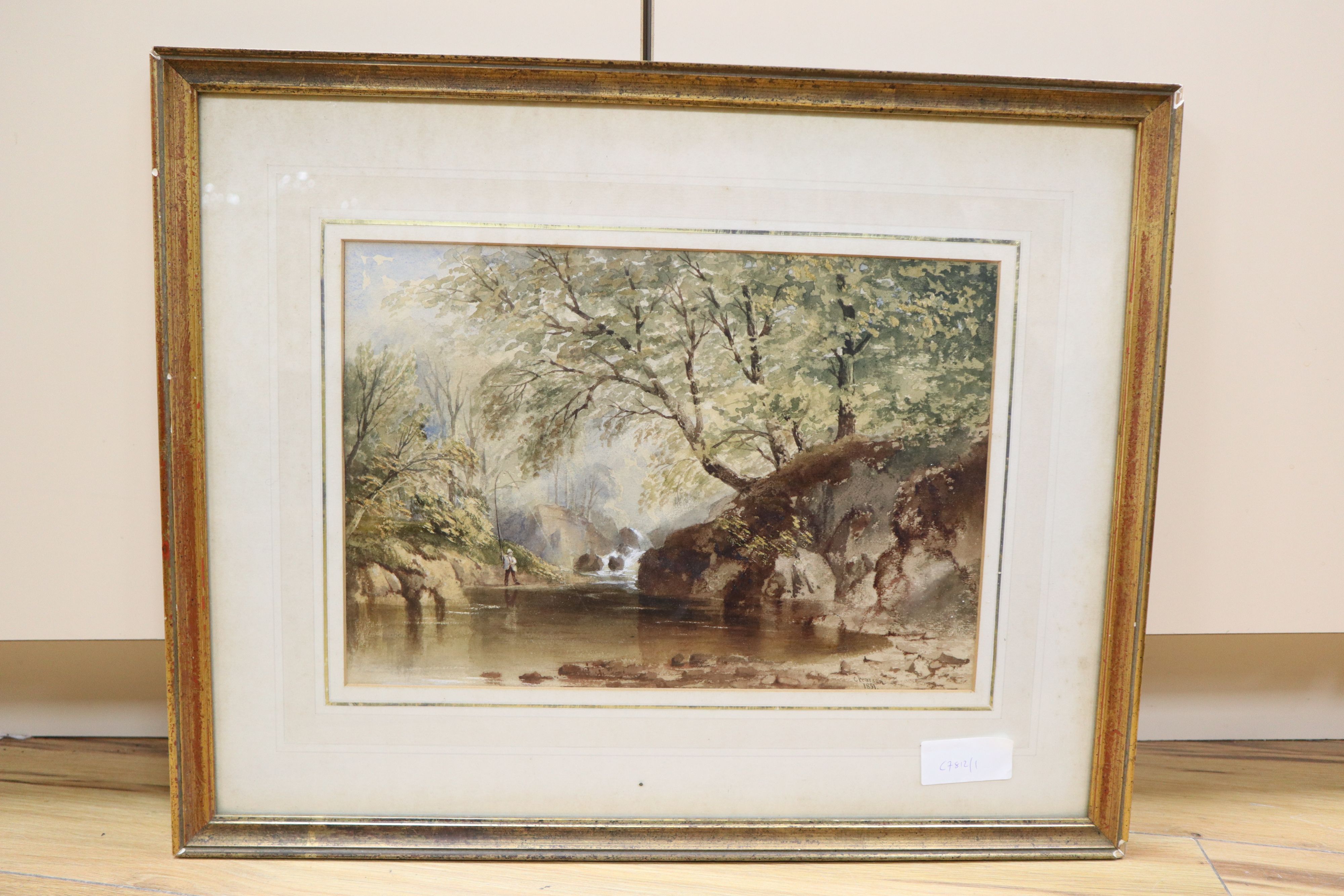 Cornelius Pearson (1805-1891), watercolour, Angler beside a wooded stream, signed and dated 1851, 23 x 33cm